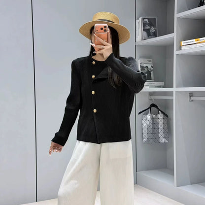 Style Pleated Blazer  in Spring and Autumn Irregular Design Large Lapel Cardigan Temperament Versatile Pleated Top