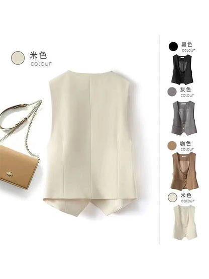 Unisex Beige Sleeveless Vest V-Neck Buttoned Waistcoat for Formal Casual Wear