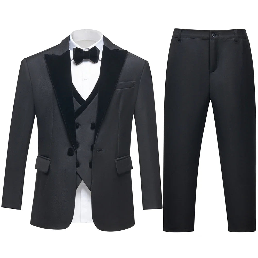 Boys Three-Piece Formal Suit Set with Velvet Collar for Weddings & Special Occasions