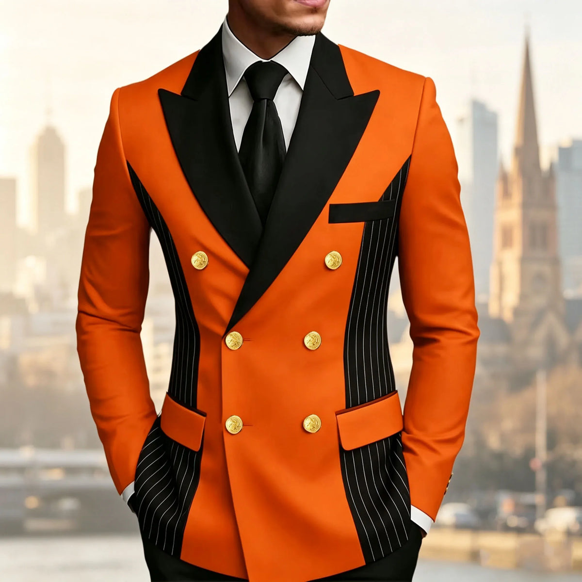Men's Double Breasted Blazer Striped Patchwork Peak Lapel Slim Fit Formal Wedding Suit Jacket