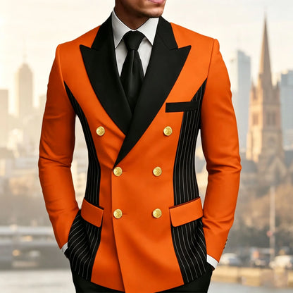 Men's Double Breasted Blazer Striped Patchwork Peak Lapel Slim Fit Formal Wedding Suit Jacket