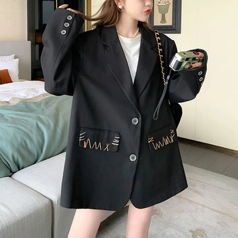 Spring Autumn New Women's Blazer Notched Collar Single Breasted Pockets High-End Elegant Fashion Office Lady Jacket HK13904