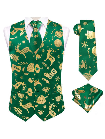 Men's Christmas Print Vest 3-Piece Set with Tie and Pocket Square for Holiday Parties