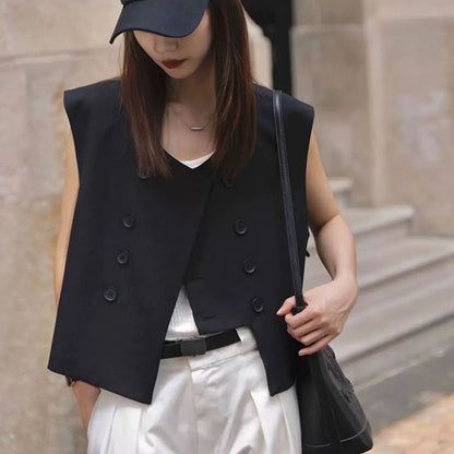 Black Suit Vest Jacket Women Irregular Top 2025 Spring Summer New Double Breasted Casual Thin Shoulder Waistcoat Female Clothes