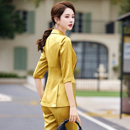 Two-piece Sets of Pants and Blazer for Women Printed Suit for Female Elegant Clothing with Acetate Yellow Khaki Spring Summer