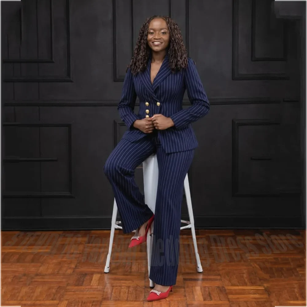 Women Striped Two Piece Business Suit Peak Lapel Blazer Trousers Classic Formal Attire For Professional Work Party Events