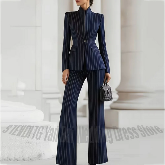 Business Office Lady Women's Suit Two Piece Chic Single Button Stand Lapel High Quality Formal Outfit Professional Work Wear