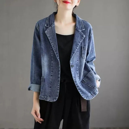 Women's Casual Denim Blazer Loose Fit Notched Lapel Single Button Jean Jacket