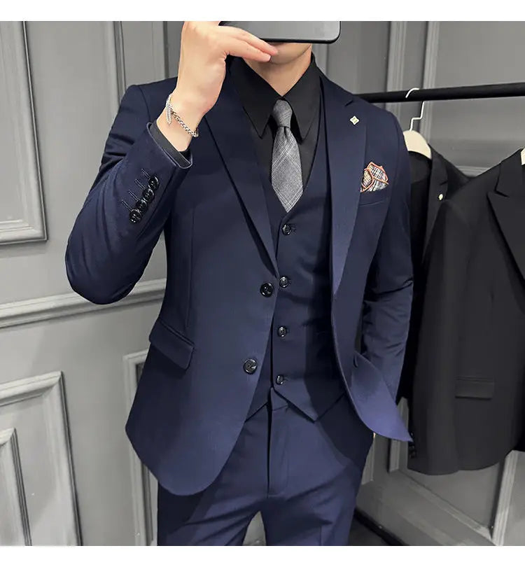 Men's 3 Piece Suit Set Double‑Button Slim Fit Solid Color Business Casual Wedding Party Jacket Vest Pants Formal Outfit for Men