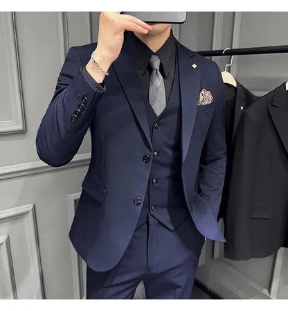 Men's 3 Piece Suit Set Double‑Button Slim Fit Solid Color Business Casual Wedding Party Jacket Vest Pants Formal Outfit for Men