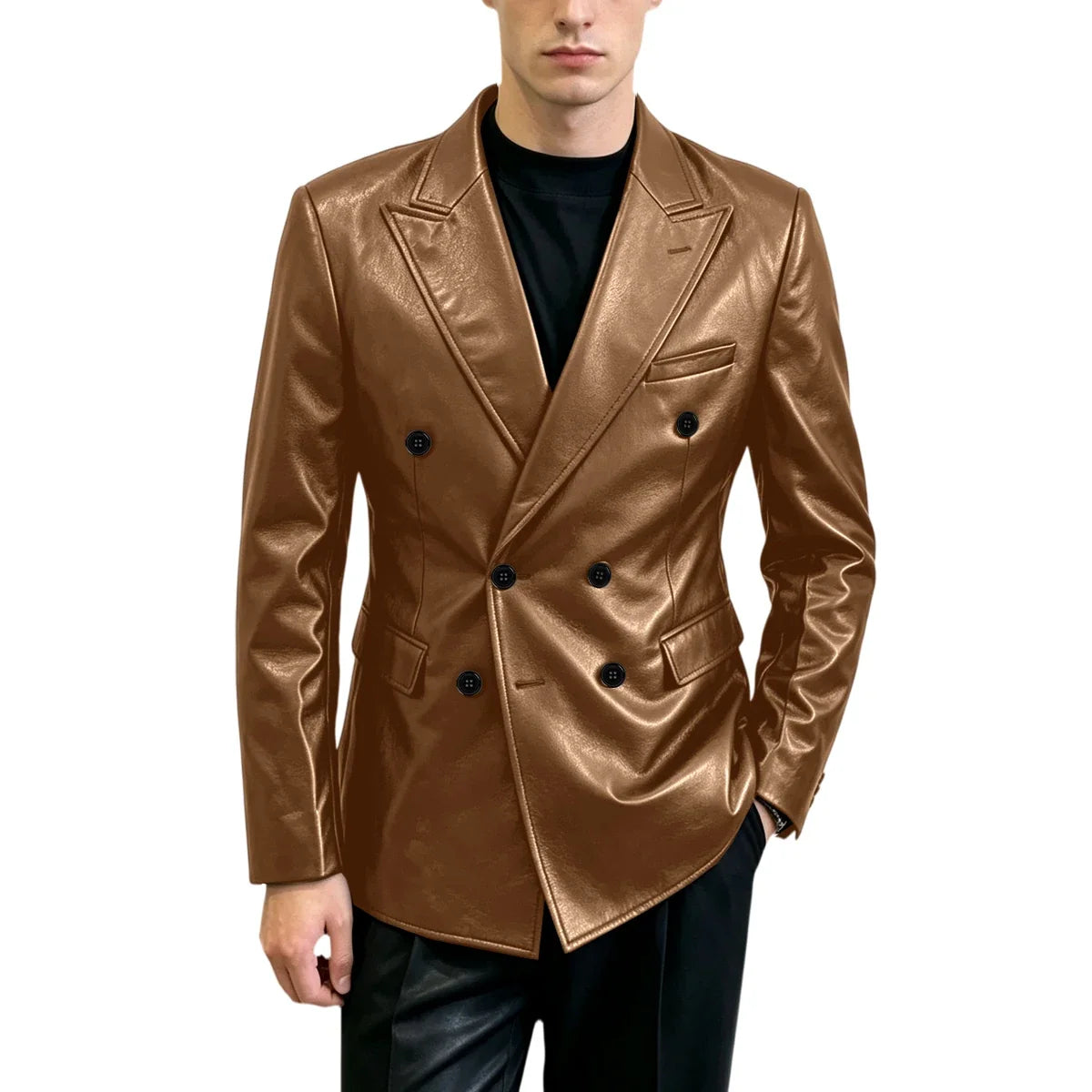 Vintage Men's Brown Leather Blazer Double Breasted Peak Lapel Slim Fit Suit Jacket High Quality Fashion Sport Coat Business Casu