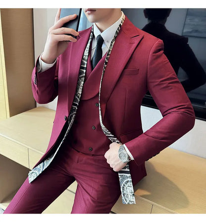 Double Collar Suit Set 3 Pieces Business Formal Casual Suits Vest Trousers Office Work Party Prom Wedding Groomsmen Clothing