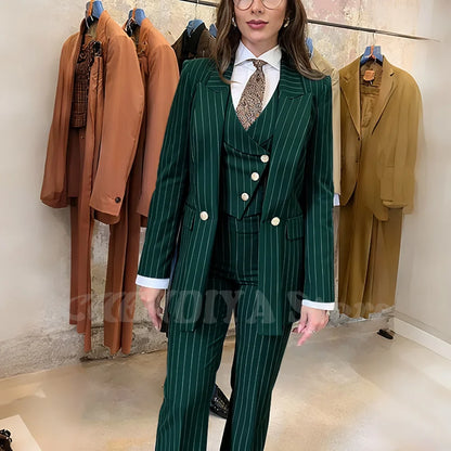 Navy Blue Striped Suit For Women Stylish Single Button Peak Lapel Elegant Outfit Business Meeting Office Formal Set Three Pieces