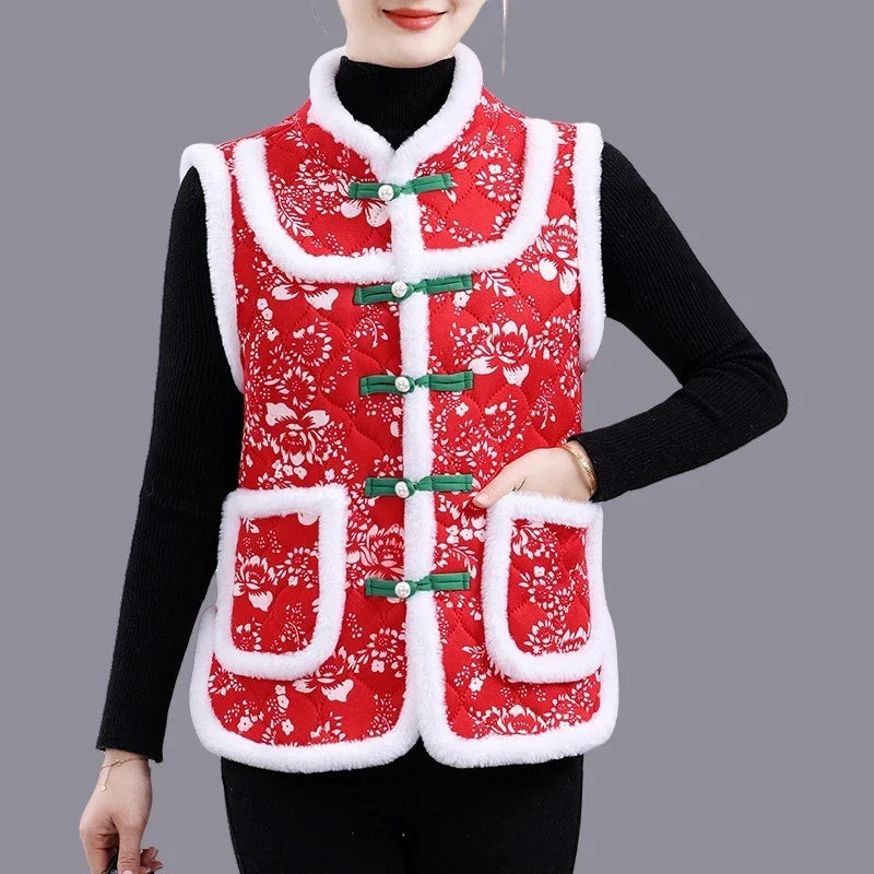 Middle-aged Mother Add Velvet Warm Vest Coat Autumn Winter New Printed Fleece Sleeveless Jacket Grandma Thicken Warm Waistcoat