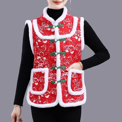 Middle-aged Mother Add Velvet Warm Vest Coat Autumn Winter New Printed Fleece Sleeveless Jacket Grandma Thicken Warm Waistcoat
