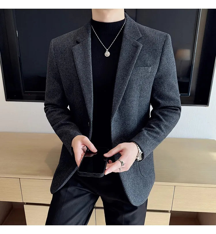 High Qualitys Thickened Wool Suit Jacket Autumn Winter New Luxury Solid Color Formal Men Business Slim Fit Social Party Tuxedo