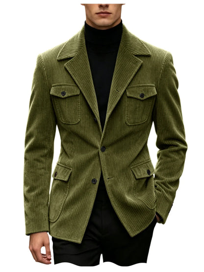 Men's Corduroy Blazer Jacket Slim Fit Notched Lapel Casual Business Coat With Four Flap Pockets For Daily Work Streetwear