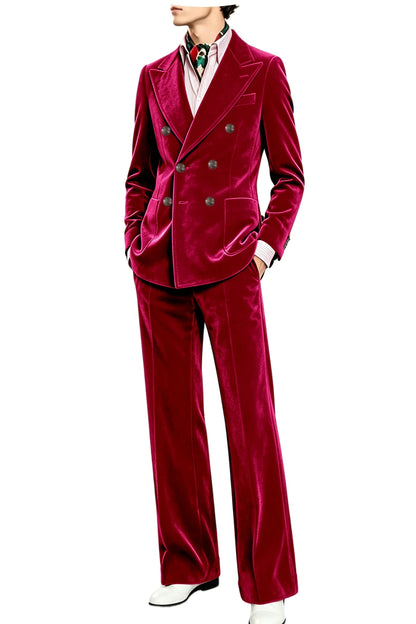 Men's Velvet Suit 2 Piece Double Breasted Peak Lapel Blazer & Straight Leg Pants for Formal & Wedding