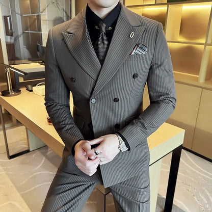 Korean Slim Fitt Wedding Suit Fashion Striped Double Breasted Suit 3 Piece Set Business Formal Casual Party Prom Host Suits
