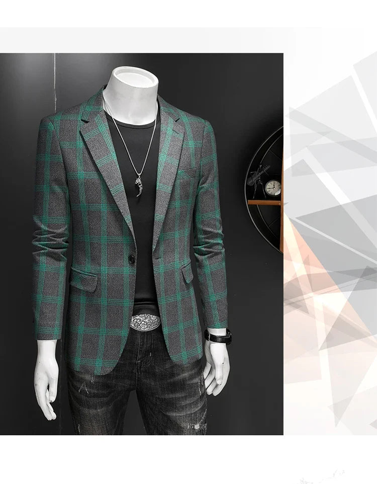 2025 Slim Fit Men's Casual Suit Handsome Fashion Plaid Blazer Polyester Business Wedding High-Quality Male Attire