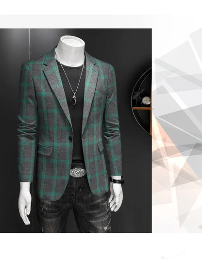2025 Slim Fit Men's Casual Suit Handsome Fashion Plaid Blazer Polyester Business Wedding High-Quality Male Attire