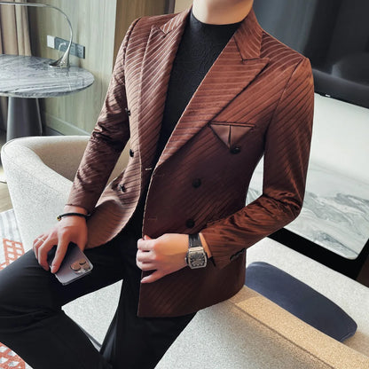 British Style Double Breasted Suit Jacket Men Striped Casual Business Blazers High Quality Wedding Social Banquet Dress Coats