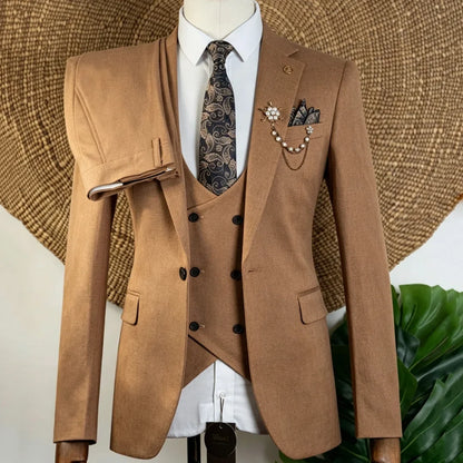 Men Suit Beige 3 Pieces Solid With Lapel For Wedding Groom Banquet Party Prom Business Work Office Daily Jacket Vest With Pants