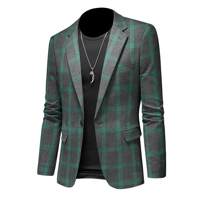 2025 Slim Fit Men's Casual Suit Handsome Fashion Plaid Blazer Polyester Business Wedding High-Quality Male Attire
