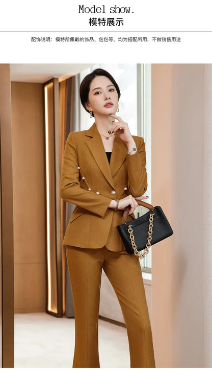 Office Lady Formal Blazer Pants Suits 2 Piece Matching Set Conjuntos Para Mujeres Plus Size Jacket Split Flare Pants Sets New