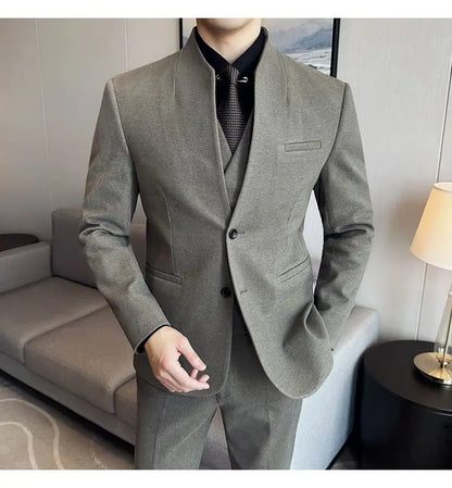 Men's 3-Piece Slim Fit Stand Collar Suit – Wedding, Prom & Office Formal Set
