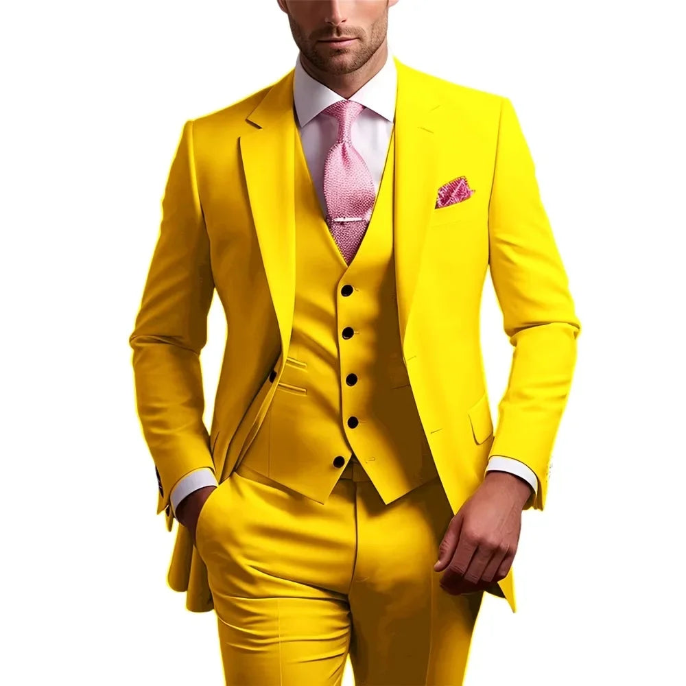 Formal 3 Piece Men Suits Slim Fit Notch Lapel Single Breasted Blazer Wedding Groom Tuxedo Business Suits Set (Jacket+Vest+Pants)