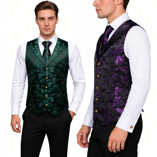 Men's Jacquard Waistcoat Set with Half Notch Lapel Vest Necktie Pocket Square and Cufflinks for Weddings and Formal Events