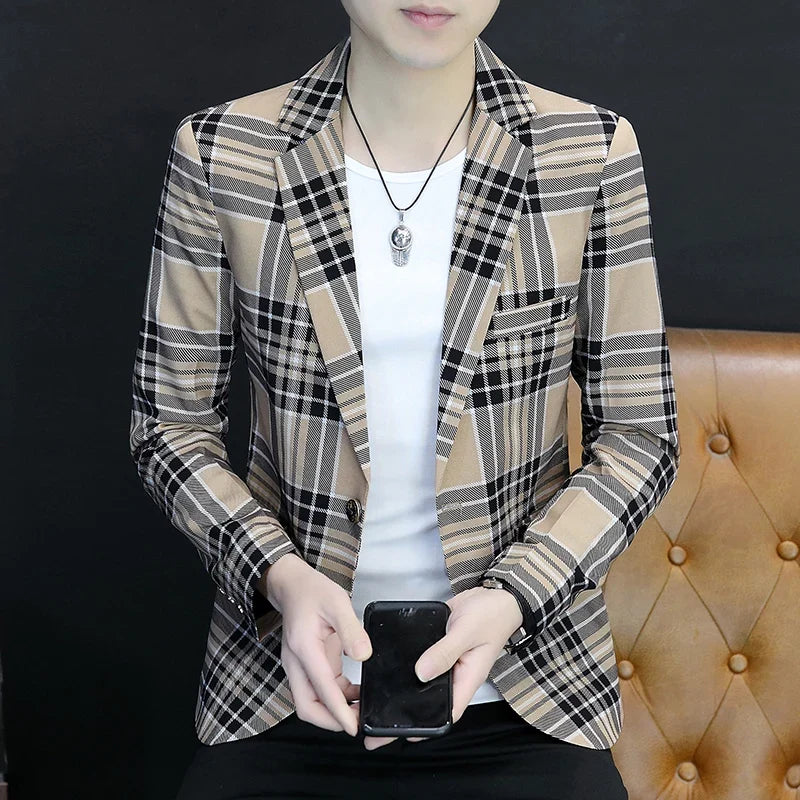 Spring Autumn 2024 Casual Checkered Slim Fit Men's Suit Jacket Korean Style Fashion Handsome Young Men's Clothing