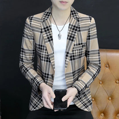 Spring Autumn 2024 Casual Checkered Slim Fit Men's Suit Jacket Korean Style Fashion Handsome Young Men's Clothing
