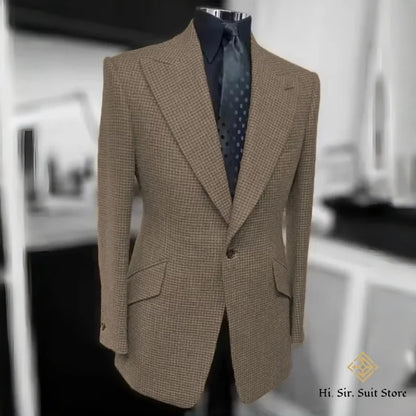 Houndstooth Blazer Men Slim Fit Plaid Suit Jacket Tuxedo One Button Peak Lapel Business Casual Wedding Prom Sport Coats Hot Sale