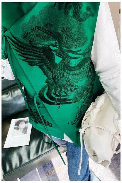 Vintage Chinese Style Vest Outerwear White Crane Embroidered Lacing Waistcoat 2025 Spring Summer Elegant Women's Clothing