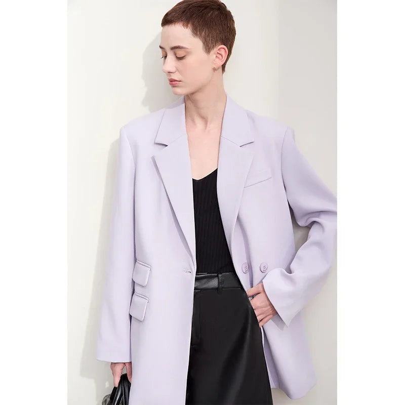 Blazers For Women 2026 Autumn New Black Jacket Notched Double Buckle Loose Mid-length Office Lady Versatile Jackets12453040