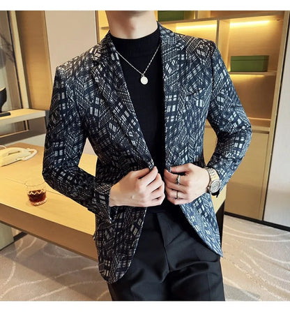 Korean Slim Fit Casual Suit Jacket for Men Fashion Camouflage Business Social Blazers Wedding Streetwear Dress Coat Men Clothing