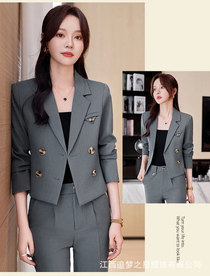 Spring Autumn Solid Women Suits Office Sets 2024 New Fashion Double Breasted Short Blazers Casual High Waist Pencil Pants Suits