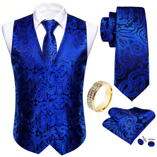 Men's Vest 5-Piece Set Royal Blue Paisley V-Neck for Wedding & Banquet