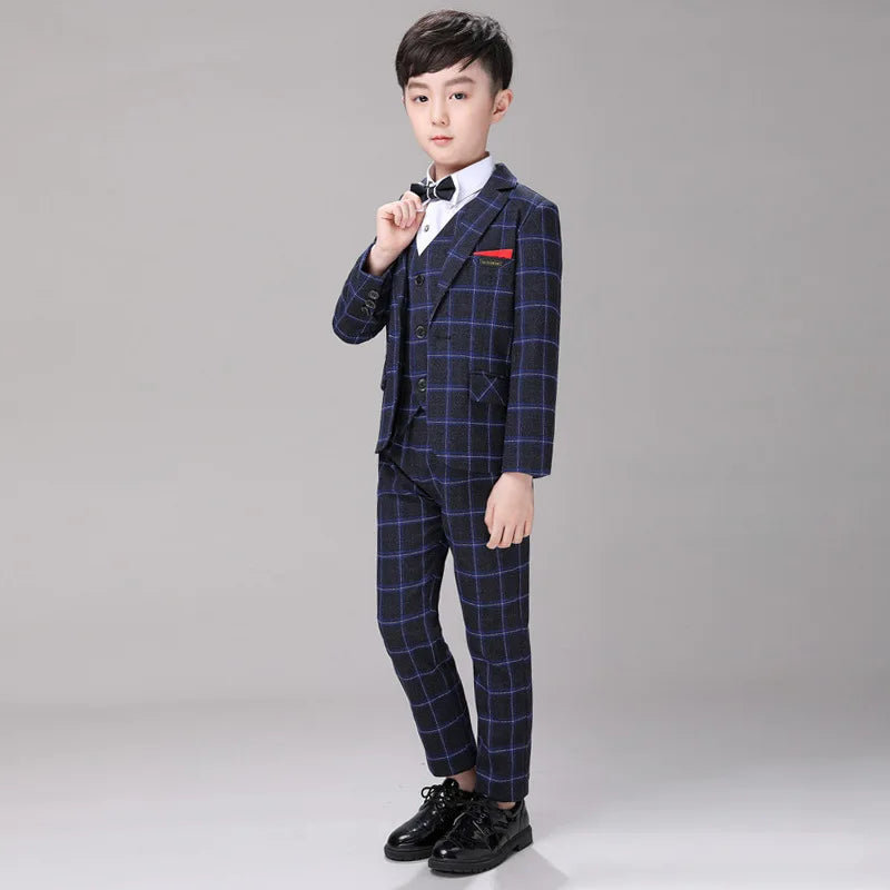 Clearance Stock sale Boys Spring Plaid 3Pieces/Set Jacket Vest Pants Photography Suit Kids Wedding Party Dress Children Costume