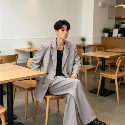 Men's Linen Double Breasted Suit – Slim Fit 2-Piece Blazer & Straight Leg Pants for Summer Weddings & Business