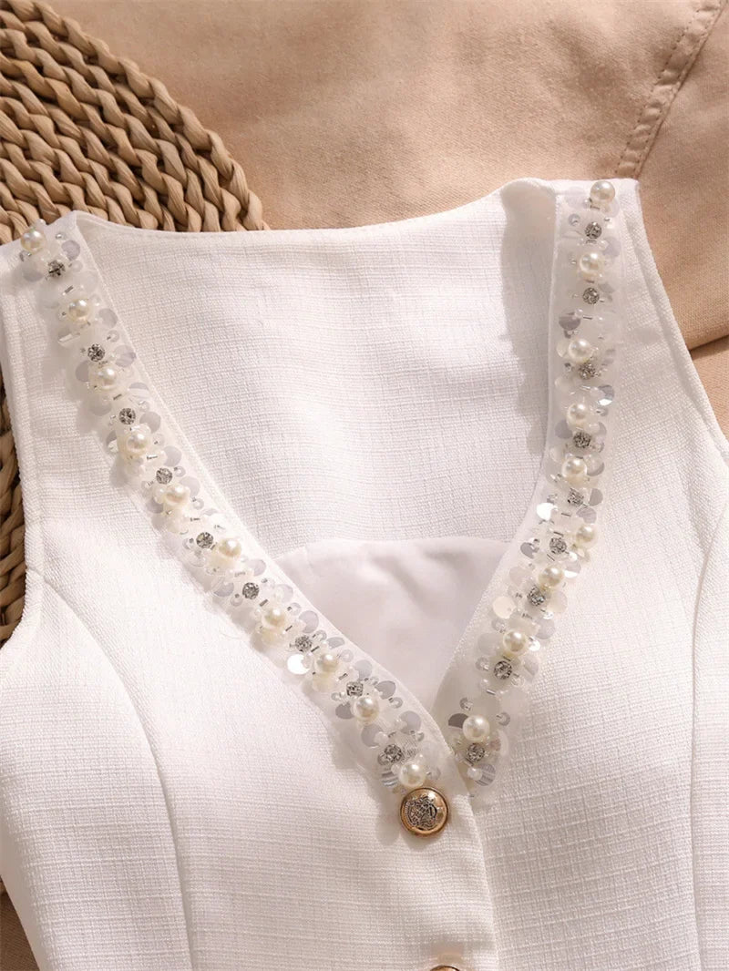 White Suspender Vest For Women Summer New Short Slim Thin Versatile Vest Elegant Beading Cardigan Sleeveless Blazer Waistcoat