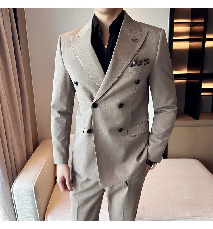 (Blazer + Trousers) Fashion Double Breasted Design Slim Men's Suit Italian Style Luxury Wedding Social Party Tuxedo 2 Piece Set