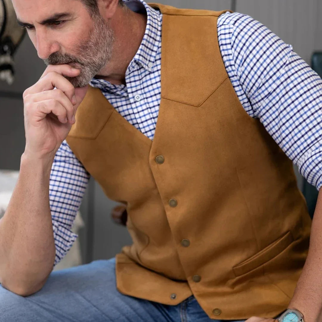 Men's Vest Single Button V-Neck Waistcoat in Gold Suede Velvet for Weddings & Formal Events