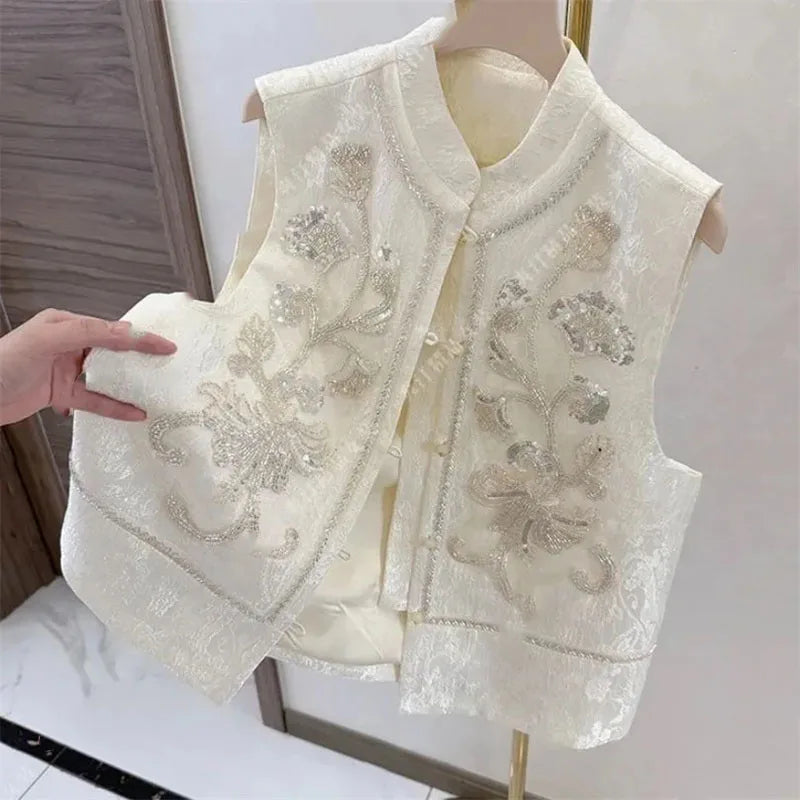 High-end Femme Embroidery Vest Outwear Spring Summer Women Solid Color Waistcoat Coat Ladies Nail Bead Glitter Sleeveless Jacket