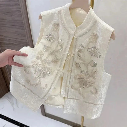 High-end Femme Embroidery Vest Outwear Spring Summer Women Solid Color Waistcoat Coat Ladies Nail Bead Glitter Sleeveless Jacket