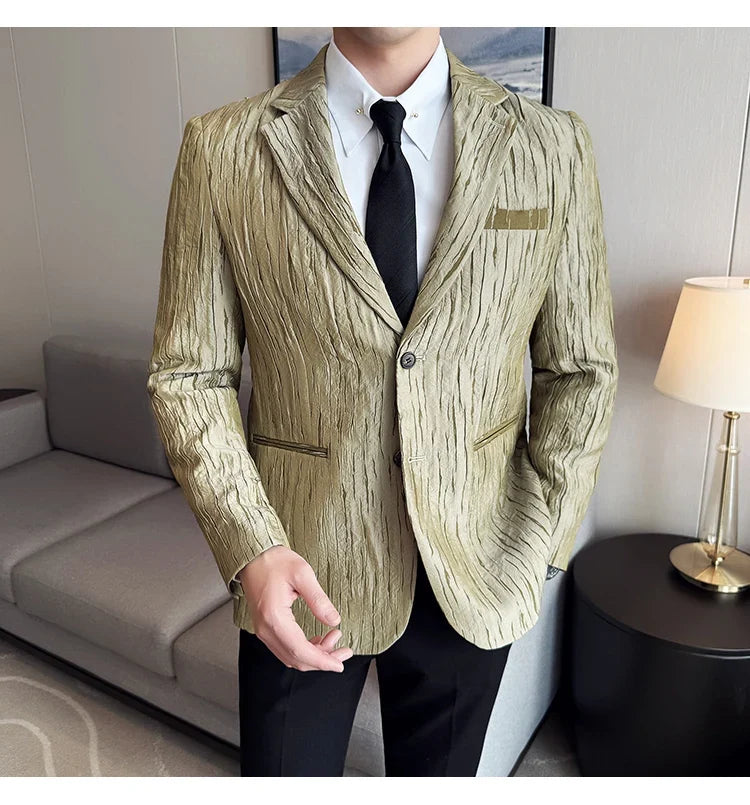 Korean Trend 3D Pleated Suit Jacket for Men Wedding Groom Business Dress Jacket Casual Banquet Party Host Blazer Masculino