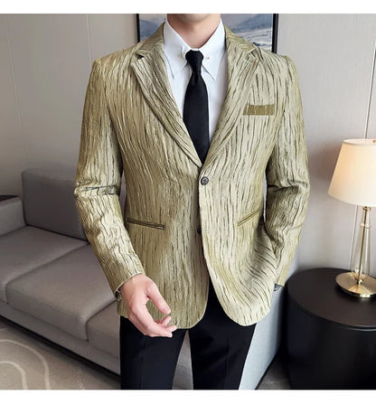 Korean Trend 3D Pleated Suit Jacket for Men Wedding Groom Business Dress Jacket Casual Banquet Party Host Blazer Masculino