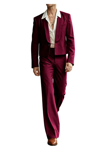 Men's 2-Piece Suit Set – Cropped Blazer & High Waist Flare Pants | Shawl Lapel Tuxedo for Formal & Party Occasions